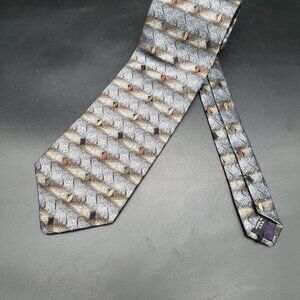 Piattelli Uomo Silk Tie Black Bronze Leaf Motif 57x3.75 Made USA